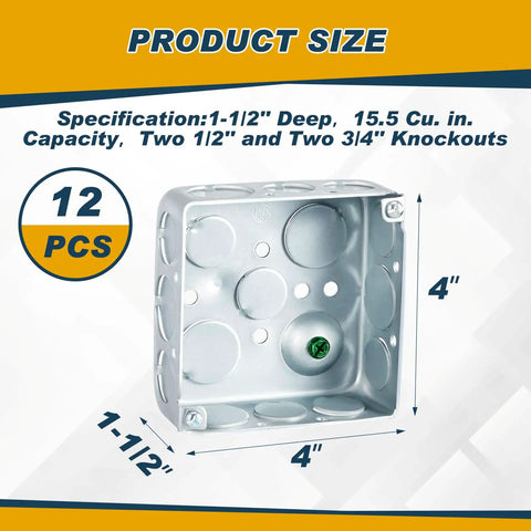 12 Pack 4x4 Inch Metal Electrical Junction Boxes Deep Square Silver Galvanized Steel Drawn Construction 21 Cu In Capacity For Wiring Conduit And Electrical Projects Diy Ready Heavy Duty Box Set, 4x4 deep box size