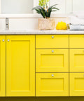 Yellow kitchen cabinets with 40 Pack Brushed Nickel Cabinet Knobs One And One Quarter Inch Round Drawer Pulls visible
