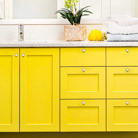 Yellow kitchen cabinets with 40 Pack Brushed Nickel Cabinet Knobs One And One Quarter Inch Round Drawer Pulls visible