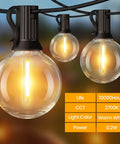 Close-up of 25 Foot Solar Powered String Lights with 11 shatterproof G40 LED bulbs, warm 2700K glow for outdoor decor.