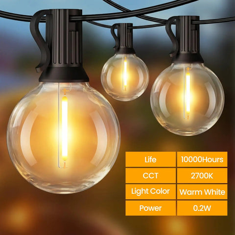 Close-up of 25 Foot Solar Powered String Lights with 11 shatterproof G40 LED bulbs, warm 2700K glow for outdoor decor.