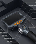 Two Way Articulating Borescope With Light For Auto Maintenance And Diagnostics, 5 inch IPS screen with labeled controls overview.