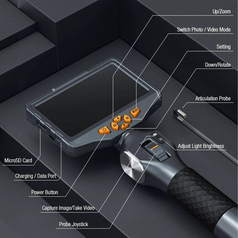 Two Way Articulating Borescope With Light For Auto Maintenance And Diagnostics, 5 inch IPS screen with labeled controls overview.