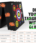 Backyard Archery Target Set 20x20x4 Foam Block With Foldable Self Standing Base shown with weight and thickness details