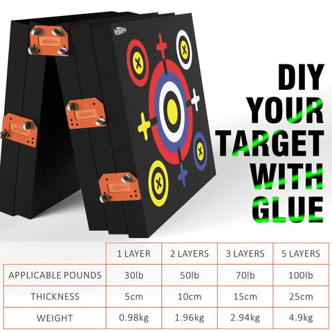 Backyard Archery Target Set 20x20x4 Foam Block With Foldable Self Standing Base shown with weight and thickness details