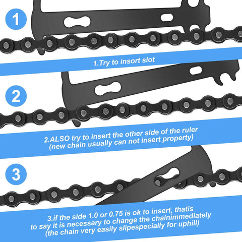 All In One Bike Chain Repair Kit With Link Plier Chain Breaker Wear Indicator And 3 Pairs Missing Links showing wear guideline steps