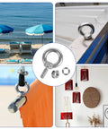Six Pack 304 Stainless Steel M4 Eye Bolts With Matching Hex Nuts used for securing a sunshade at the beach with thread and nut.