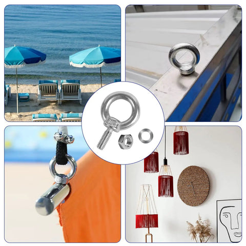 Six Pack 304 Stainless Steel M4 Eye Bolts With Matching Hex Nuts used for securing a sunshade at the beach with thread and nut.