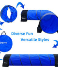 10 Foot Dog Agility Tunnel Kit with 2 sandbags, carry bag, and 4 ground spikes for backyard training setup displayed in blue