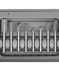 Carbide burr set, 8pcs with 1/4'' shank, double-cut tungsten carbide rotary files for die grinder in a storage tray