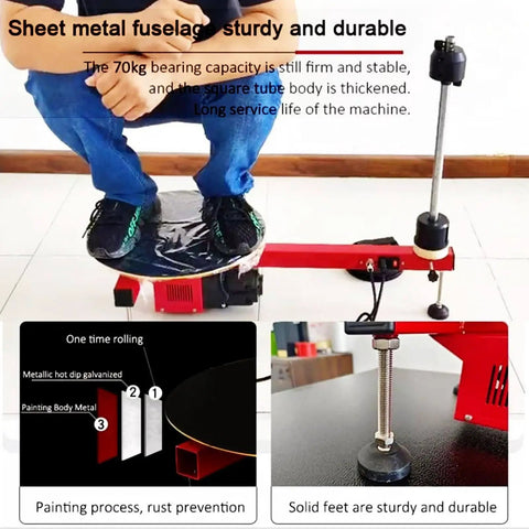 Person demonstrating Built Different Heavy Duty Electric Pallet Wrapping Machine featuring durable design and 70kg capacity.