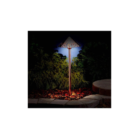 Copper Hammered Roof Path Light With Integrated LED, Outdoor Wet Location Lamp illuminated at night in garden setting
