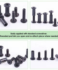 Top Notch Hella Tough Heavy Duty Slick Black M6 Barrel Nuts Kit Featuring Binding Screws Posts For Baby Cribs Scrapbook Albums Leather Repair Jobs Ahead, various sizes of barrel nuts and screws.