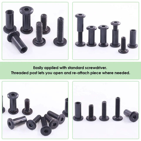 Top Notch Hella Tough Heavy Duty Slick Black M6 Barrel Nuts Kit Featuring Binding Screws Posts For Baby Cribs Scrapbook Albums Leather Repair Jobs Ahead, various sizes of barrel nuts and screws.