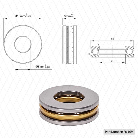 Diagram and close-up of 8x16x5mm Thrust Ball Bearing Set For Tiny Gizmos And Micro Machines Flat 3 Part High Axial Load Chrome Steel