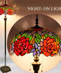 Dope Antique Bronze Floor Lamp Base For Tiffany Style 16 To 24 Inch Stained Glass Shade with floral design, lit at night