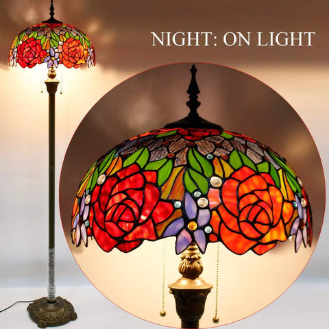 Dope Antique Bronze Floor Lamp Base For Tiffany Style 16 To 24 Inch Stained Glass Shade with floral design, lit at night