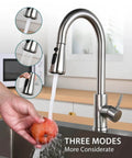 Pull Down Sprayer Kitchen Faucet In Brushed Nickel High Arc Design with a hand washing fruit, three spray modes visible