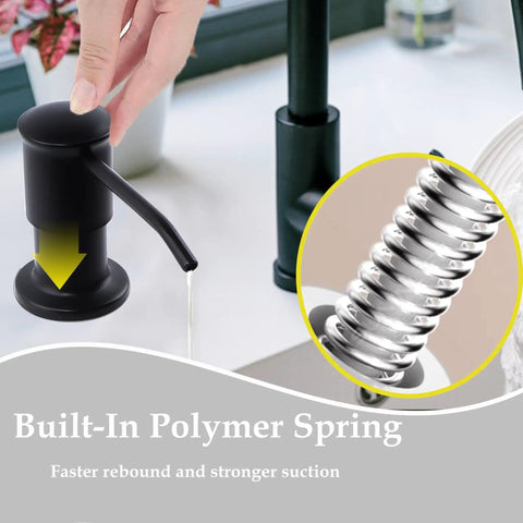 Brushed Nickel Kitchen Sink Soap Dispenser with 47 Inch Extension Tube Kit and 17 Oz Bottle Built In Pump 360 Degree Rotating Nozzle shown with focus on built-in polymer spring for faster rebound and stronger suction