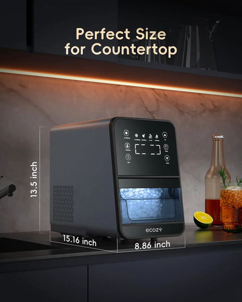 Countertop Nugget Ice Maker With 40 Lbs Per Day Capacity, compact design on a kitchen countertop, showing dimensions.