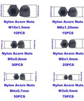 Nylon Acorn Hex Cap Nuts Assortment Kit In Metric Sizes M3 M4 M5 M6 M8 M10 Black Finish, labeled with quantity and dimensions