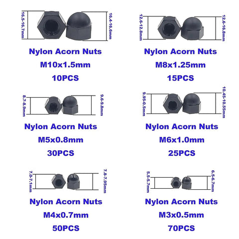 Nylon Acorn Hex Cap Nuts Assortment Kit In Metric Sizes M3 M4 M5 M6 M8 M10 Black Finish, labeled with quantity and dimensions