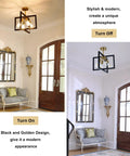 Farmhouse Industrial Ceiling Light Fixture Four Light Dope Vintage Modern Rectangle Black Gold Flush Mount in hallway