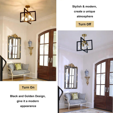 Farmhouse Industrial Ceiling Light Fixture Four Light Dope Vintage Modern Rectangle Black Gold Flush Mount in hallway