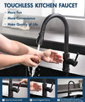 GIMILI Touchless Kitchen Faucet with Pull Down Sprayer in use, showing hands rinsing a fruit, sleek black finish.