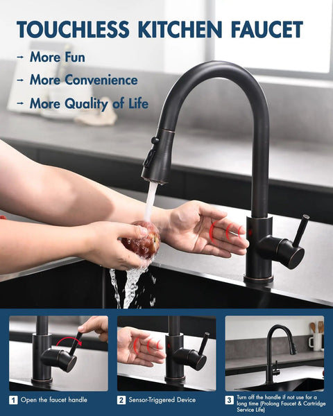 GIMILI Touchless Kitchen Faucet with Pull Down Sprayer in use, showing hands rinsing a fruit, sleek black finish.