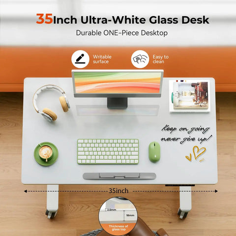 Liftsync 35 Inch Glass Standing Drafting Table With 90 Degree Tilt Adjustable Height For Art Painting And Drawing Foldable Workstation Desk Space Saving Design, ultra-white glass desktop with accessories.