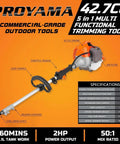All In One Gas Powered Yard Tool With 42.7CC 2HP Engine, featuring 5 In 1 Trimming System and detailed specifications layout.