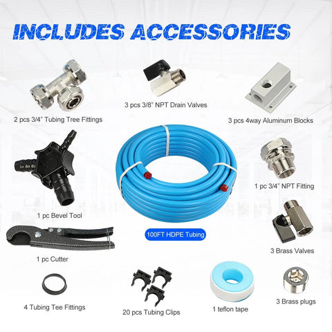 Image showing Leakproof Three Quarters Inch One Hundred Foot Pro Grade Air Line Kit with dual outlet piping and accessories.