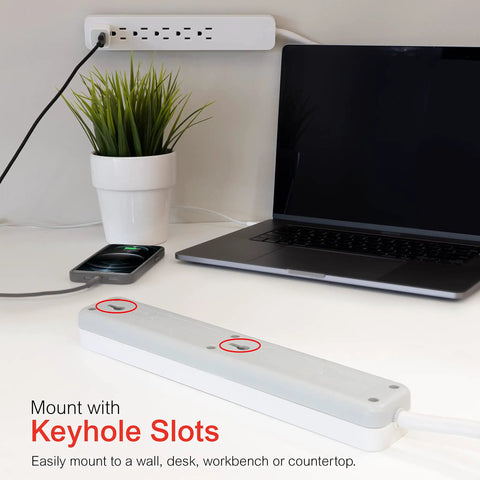 Six Outlet Surge Protector Power Strip Set For Home And Office Use With 10 Ft Cords 800 Joules showing keyhole slots for mounting.