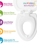 Zero Fuss Potty Training Toilet Seat For The Whole Fam With Built In Magnetic Toddler Cup And Slow Close Lid Steady Hold Elongated Style Crisp White showing features like slow close and easy clean.