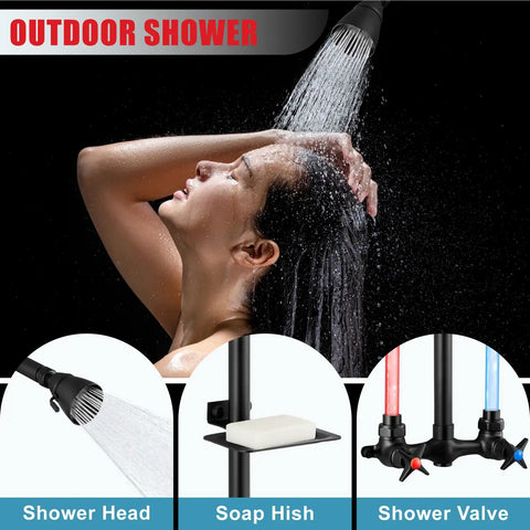 Matte Black Outdoor Shower System For Poolside Use, Wall Mounted With Brass Mixer Valve And Dual Cross Handles, Adjustable Shower Head, Exposed Fixtures, Soap Dish, Heavy Duty Outdoor Bathroom Upgrade Built To Last