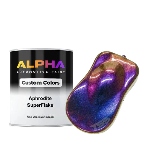 Fresh Coat Automotive Basecoat And Midcoat Blend With Brilliant Chip Flake Color In A One Gallon Bucket Ready To Spray Straight From The Can Using Slow Thin Reducer For Hot Rods Seeking Dope Showroom Results next to a quart of Aphrodite SuperFlake