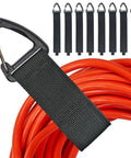 Extension Cord Organizer With Carabiner 8 Pack for Garage and Shop Storage shown holding coiled orange cable