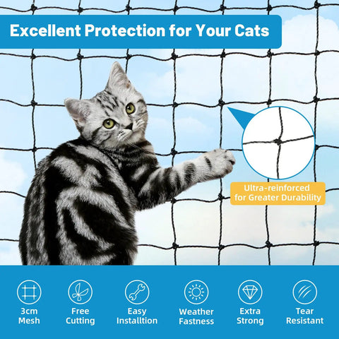 Cat interacting with Cat Balcony Netting For Pets 10x20 Feet Steel Wire Reinforced Screen Built Tough Mesh Fence, outdoor safety net.