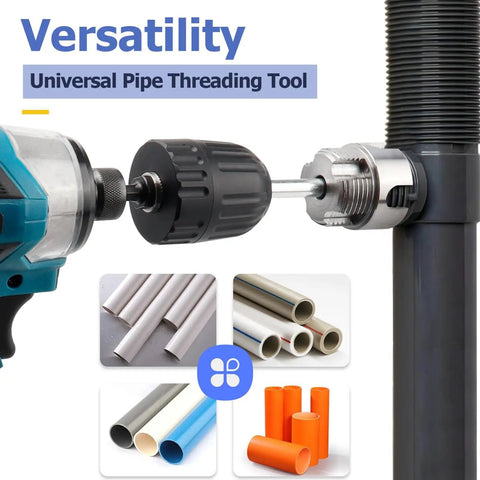 Upgrade Your Plumbing Game With This Electric Drill PVC Pipe Threader, showcasing a universal pipe threading tool attached to a drill.