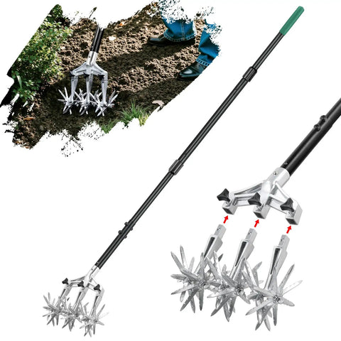 Manual Rotary Garden Cultivator Tiller With Heavy Duty Steel Head And Detachable Thick Tines shown in use for soil prep