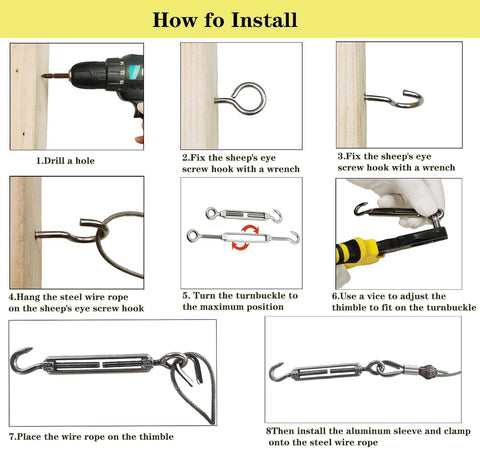 Installation guide for One Eighth Inch Wire Rope Kit 100 Feet With 7x7 Core Vinyl Coated Stainless Steel Cable And Turnbuckles