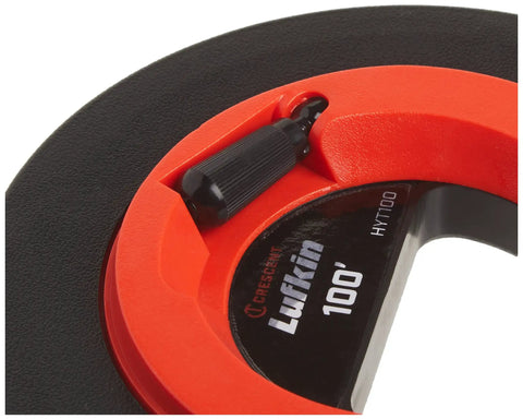 Close-up of Hi Viz Orange Speedwinder Long Steel Tape Measure 3/8 Inch By 100 Foot with yellow clad blade and abrasion resistant coating.