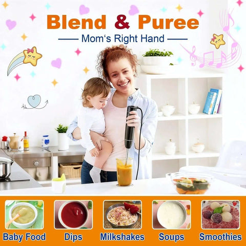 Woman blending smoothie with Badass 700W Immersion Hand Blender With 20 Precise Speed Options For Buttery Smooth Purees And Rapid Ingredient Prep In Any Home Kitchen Total Game Changer Black Finish.