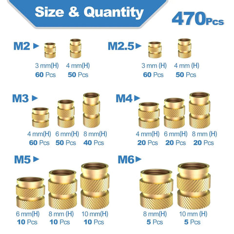 Pro Grade Brass Heat Set Threaded Inserts Kit For 3D Printing And Plastic Parts, 470 Pieces, M2 M2.5 M3 M4 M5 M6 shown in various sizes