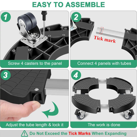 Assembly instructions for Heavy Duty Plant Caddy With Wheels And Adjustable Stand Fifteen To Twenty One Inches For Moving Large Pots Up To Three Hundred Thirty Pounds Ideal For Vertical Garden Towers Planters Patio Umbrella Bases And Trash Cans, showing caster attachment and panel connection.