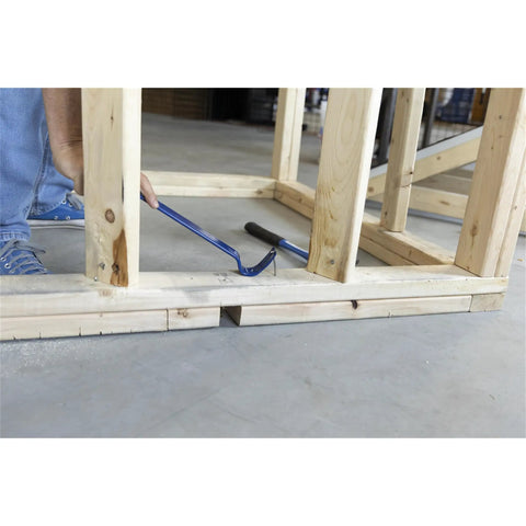 15 Inch Pry Bar With Shepherds Crook Head Nail Puller under wooden frame, demonstrating usage for molding removal in remodeling projects