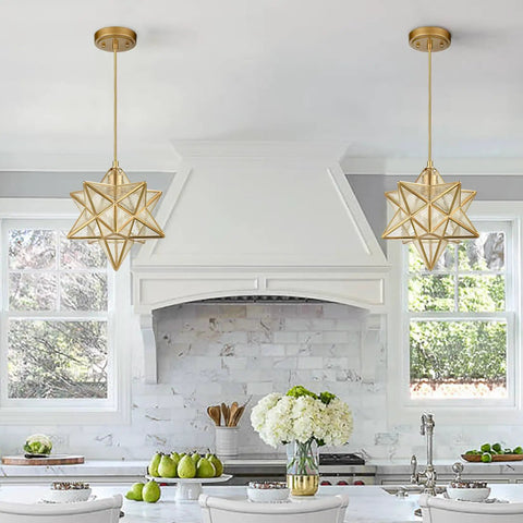 Brass Moravian Star Pendant Light With Seeded Glass Shade 11 Inch Ceiling Fixture for kitchen in warm gold over island