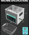 10 Gallon Heavy Duty Workhorse Ultrasonic Cleaner With Adjustable Heat And Sweep Feature, showing 10L tank specs and wire basket.