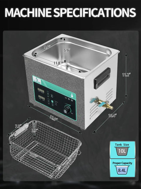 10 Gallon Heavy Duty Workhorse Ultrasonic Cleaner With Adjustable Heat And Sweep Feature, showing 10L tank specs and wire basket.